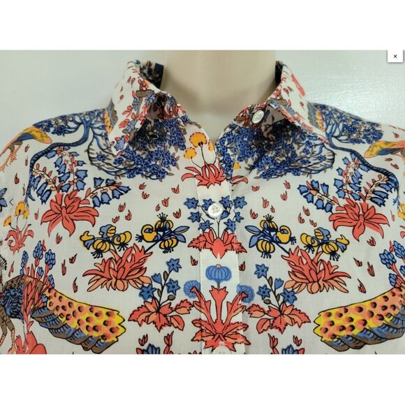J McLaughlin Lois Blue Orange Floral Peacock Print Long Sleeve Buttoned Shirt - Picture 4 of 9